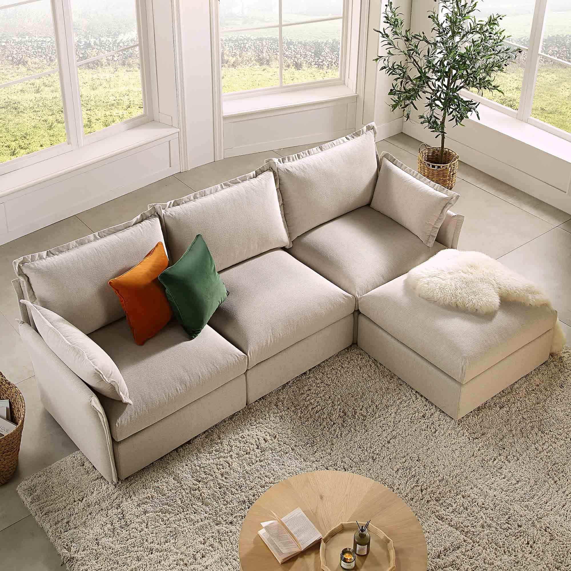byron pillow edge beige fabric sectional sofa, 3 seater chaise byron pillow edge beige fabric sectional sofa, 3 seater chaise