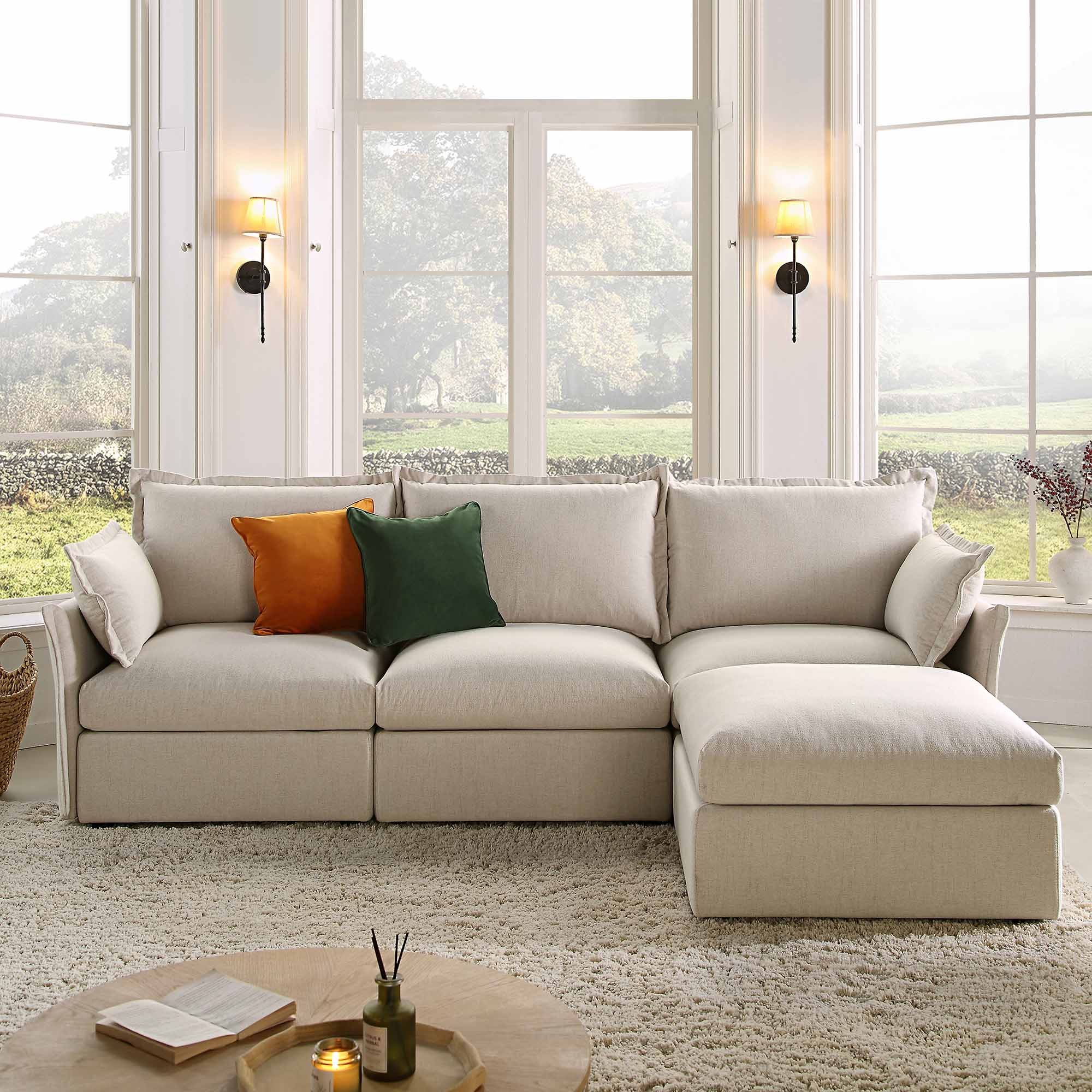 byron pillow edge beige fabric sectional sofa, 3 seater chaise byron pillow edge beige fabric sectional sofa, 3 seater chaise