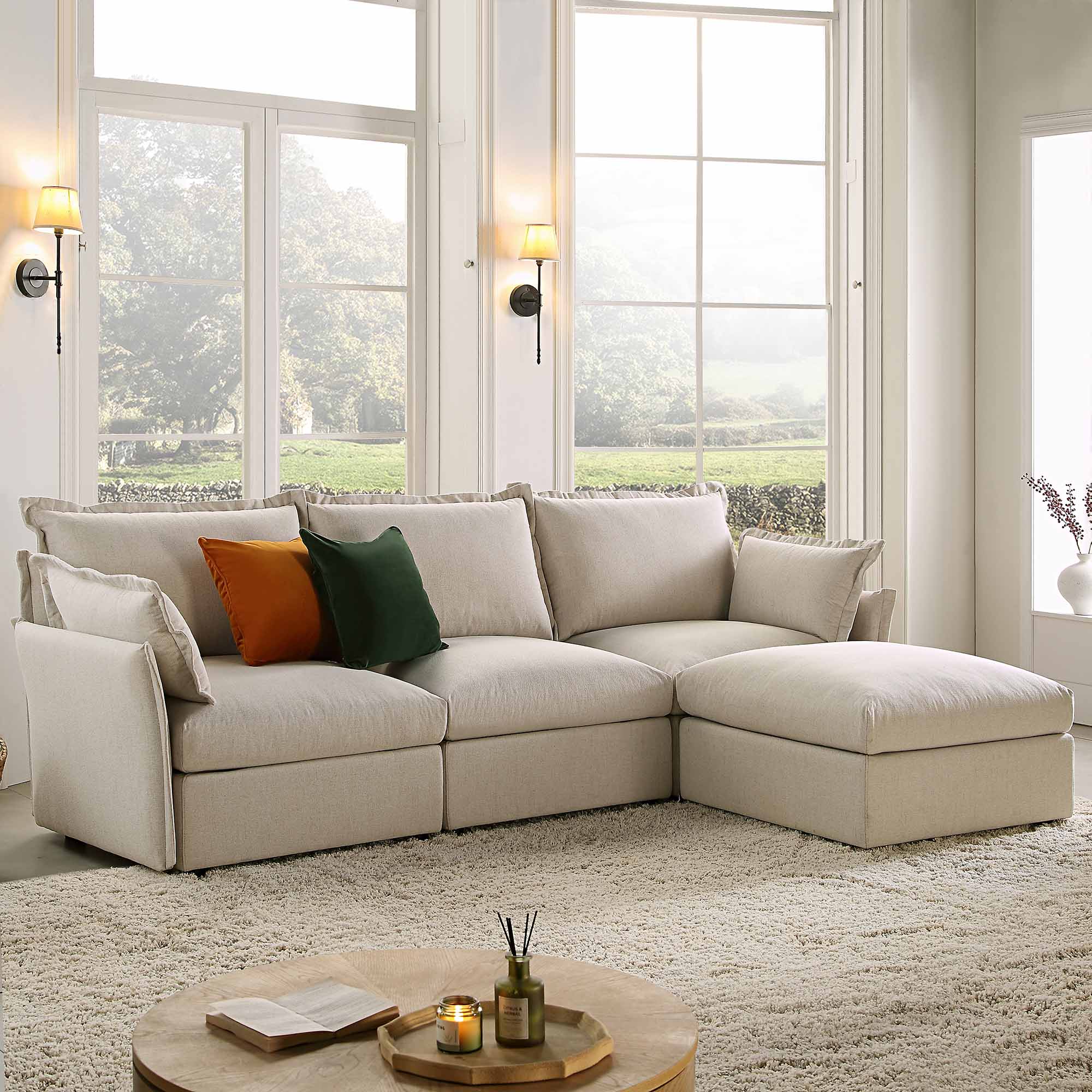 byron pillow edge beige fabric sectional sofa, 3 seater chaise byron pillow edge beige fabric sectional sofa, 3 seater chaise