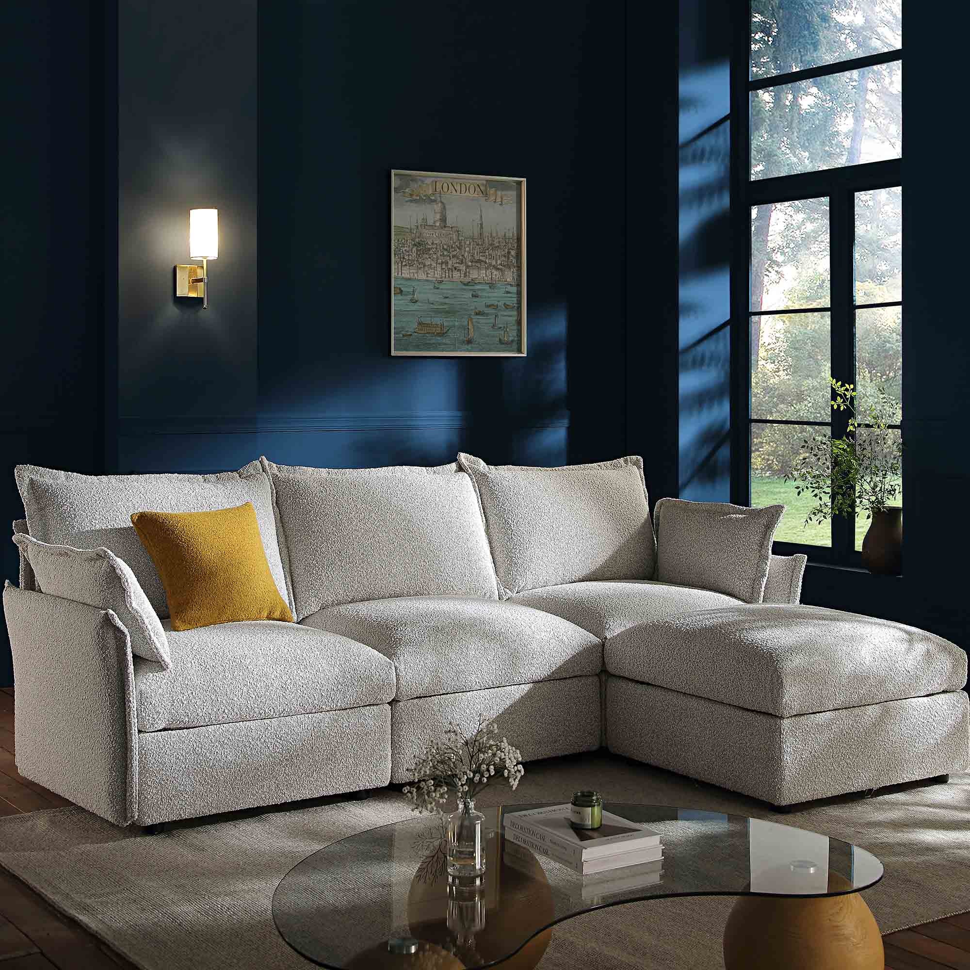 byron pillow edge mist gray boucle sectional sofa, 3 seater chaise byron pillow edge mist gray boucle sectional sofa, 3 seater chaise