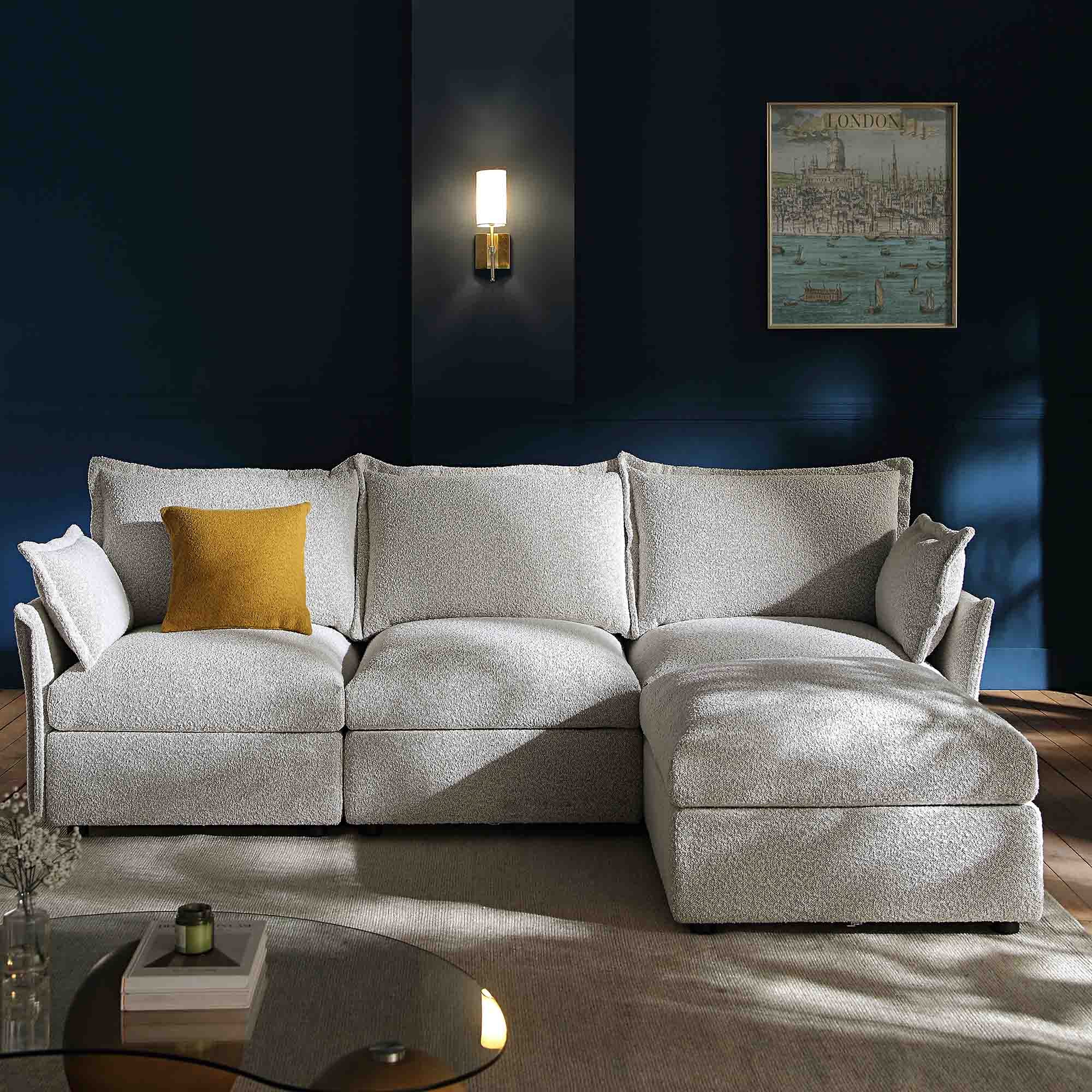 byron pillow edge mist gray boucle sectional sofa, 3 seater chaise byron pillow edge mist gray boucle sectional sofa, 3 seater chaise