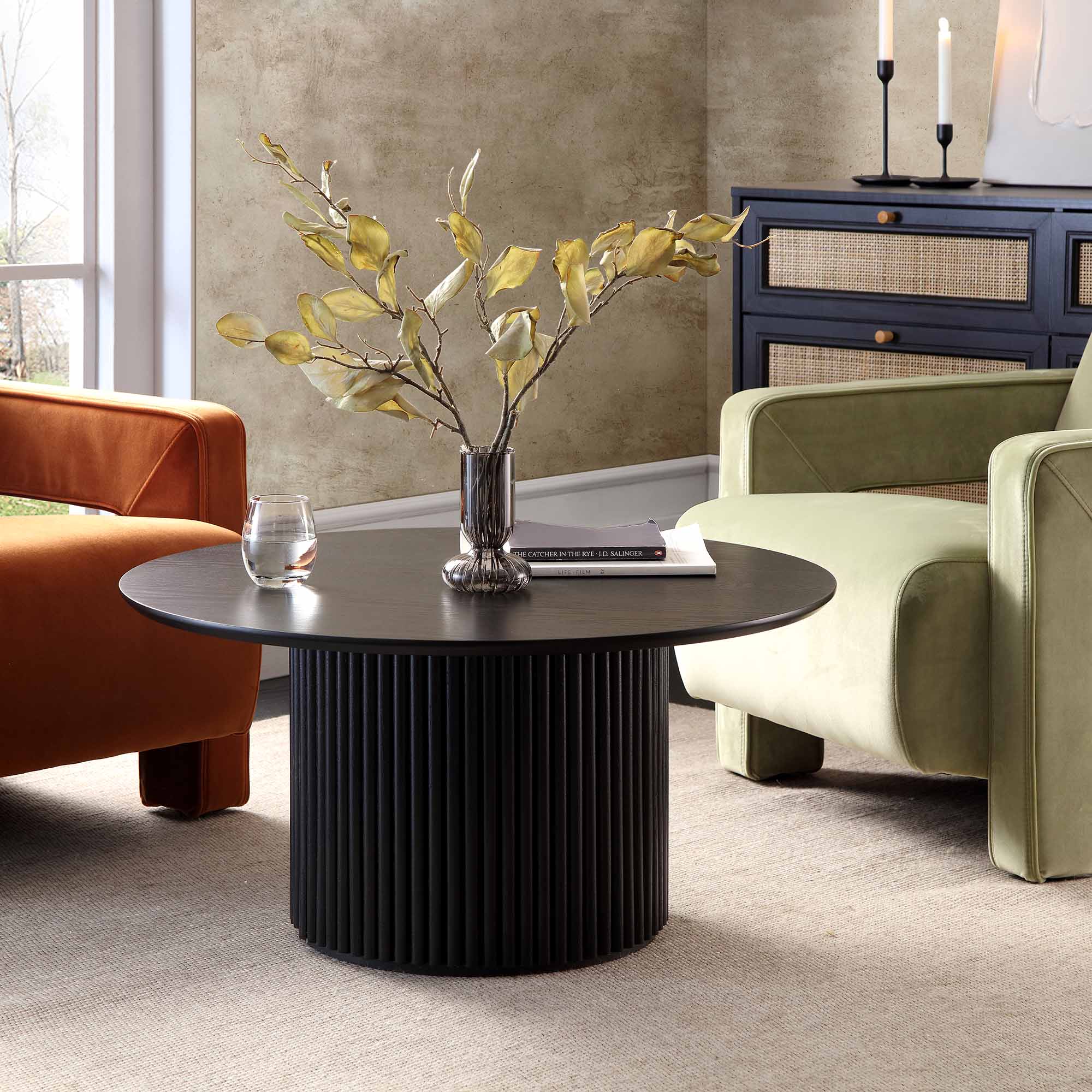 maru round oak pedestal coffee table, black maru round oak pedestal coffee table, black