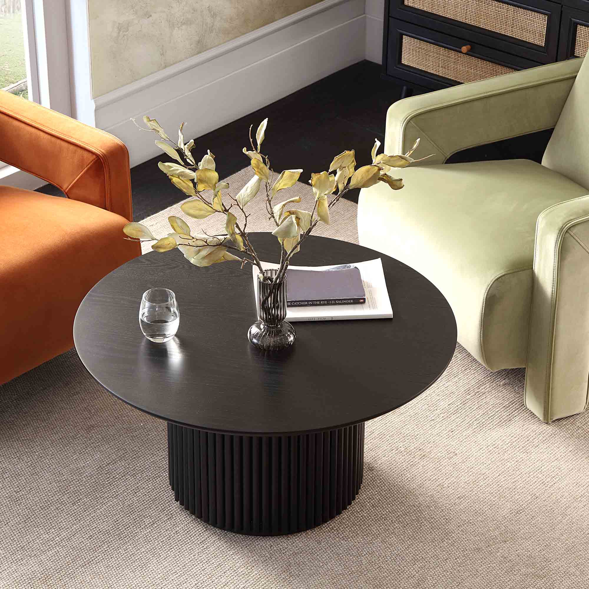 maru round oak pedestal coffee table, black maru round oak pedestal coffee table, black