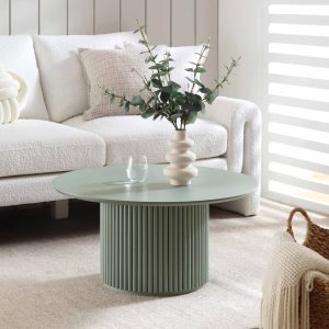 maru round oak pedestal coffee table, sage green