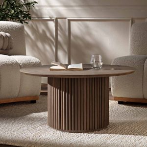 maru round oak pedestal coffee table, silver oak