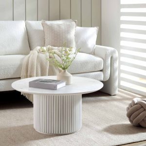 maru round oak pedestal coffee table, washed white