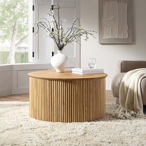 maru oak round coffee table with storage, oak