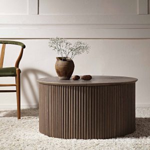 maru oak round coffee table with storage, silver oak