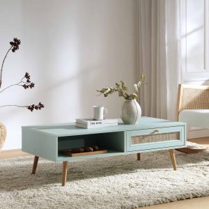 frances woven rattan wooden coffee table in mint