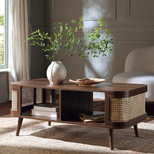 izzy curved rattan coffee table, walnut