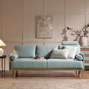 timber sage green fabric sofa, 3 seater