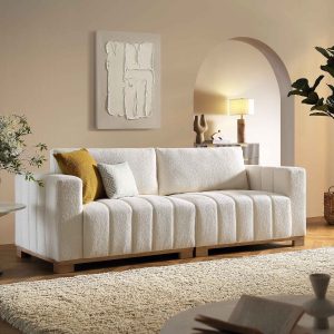 belsize beige boucle sofa with wooden base, 3 seater