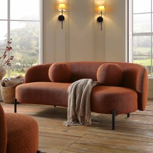amboise 3 seater curved sofa with ball cushions, brick boucle