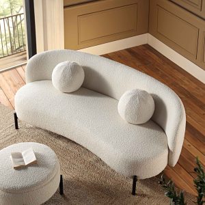 amboise 3 seater curved sofa with ball cushions, ecru boucle