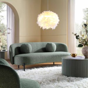 amboise 3 seater curved sofa with ball cushions, spruce green textured fabric